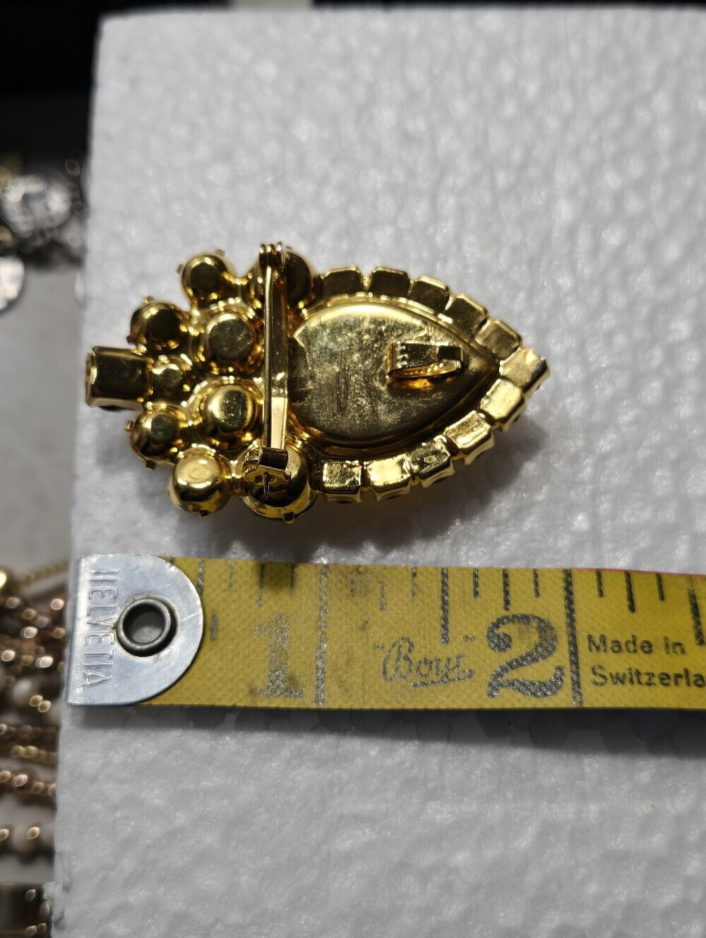 Gold-Tone Amber Teardrop & Clear Crystal Cluster Brooch Necklace Pendent - Picture 9 of 12